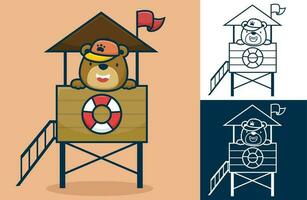 Cute bear wearing hat on lifeguard post. Vector cartoon illustration in flat icon style