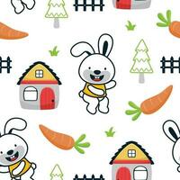 Seamless pattern vector of rabbit cartoon with house, carrot, tree and fence