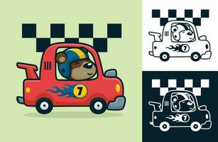 Funny bear wearing helmet on racing car. Vector cartoon illustration in flat icon style