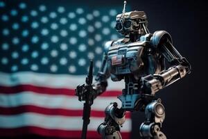 hostil robot o mal artificial inteligencia en pie en frente de americano bandera americano Ciencias ficción industria. ai generado foto