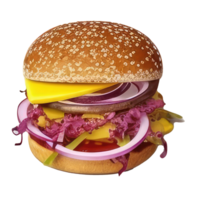 burger with meat, tomato, lettuce, cheese, and sauce . png