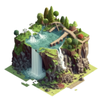 landscape consists of terraced plateaus with multicolored waterfalls and 3D floating islands . png