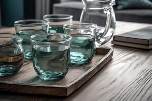 vaso agua y café tazas con blanco negro y verde Destacar estilo loft básico Arte y Exquisito producto piso son decoraciones ai generado foto