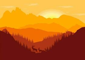 mountains silhouette with trees and deer at sunset vector