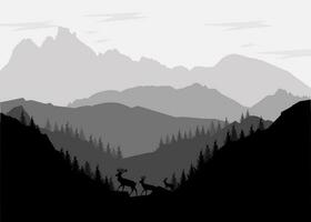 black and white silhouette of mountains with trees and deer vector