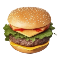 burger with meat, tomato, lettuce, cheese, and sauce . png