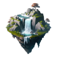 landscape consists of terraced plateaus with multicolored waterfalls and 3D floating islands . png