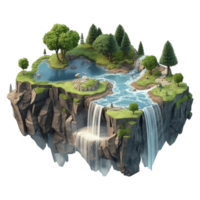 paisaje consiste de aterrazado mesetas con multicolor cascadas y 3d flotante islas . ai generado png