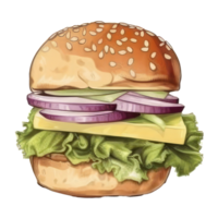 burger med kött, tomat, sallad, ost, och sås . ai genererad png