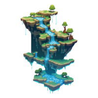 landscape consists of terraced plateaus with multicolored waterfalls and 3D floating islands . png