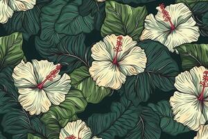 Seamless pattern hibiscus flowers monstera green leaf background. photo