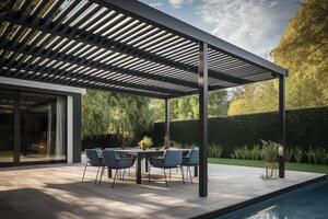 moderno patio mueble incluir un pérgola sombra estructura un toldo un patio techo un comida mesa asientos y un metal parrilla. ai generado foto