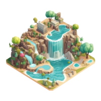 landscape consists of terraced plateaus with multicolored waterfalls and 3D floating islands . png