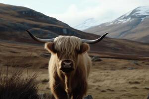 Lowangle view of a fluffy highland cow with long horns a mountain is out of focus in the distance. photo