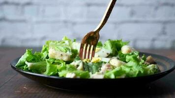 Person hand with spoon eating greek salad video