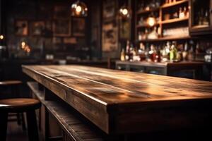 borroso antecedentes de bar y oscuro marrón escritorio espacio de retro madera. ai generado foto