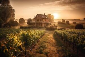 idílico casa de Campo en rural viñedo brilla dorado puesta de sol. ai generado foto