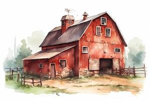 Red barn hand drawn watercolor illustration vintage style farm ranch countryside shed red wooden barn on white background countryside farm element. photo