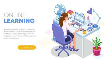 Modern flat design isometric concept of Online Learning. Landing page template. Student character sitting at desk and taking online courses. Can use for web banner, infographics, and website. vector