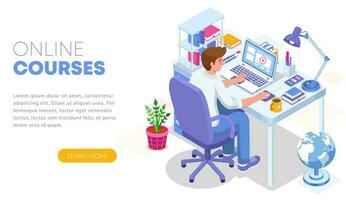Modern flat design isometric concept of Online Education. Landing page template. Student character sitting at desk and taking online courses. Can use for web banner, infographics, and website. vector