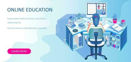 Learning online at home. Student sitting at desk and looking at computer monitor. E-learning banner. Web courses or tutorials concept. Distance education flat isometric vector illustration.