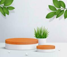 Abstract minimal scene with cylinder platforms. Wood round podium in white background for cosmetic product presentation. 3d geometric pedestal vector. vector