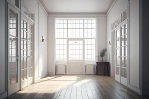 Clásico blanco habitación con puerta y ventana en nuevo hogar 3d representación. ai generado foto