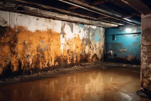 Basement under construction underwater with mold on wall. AI Generated photo