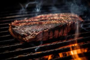 Bbq grilled brisket meat on grill grate with fire closeup view technology. photo