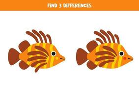 Find 3 differences between two cute cartoon lionfish. vector