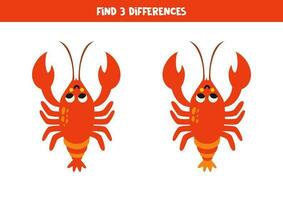 Find 3 differences between two cute cartoon lobster. vector