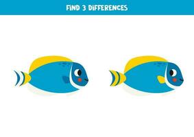 Find 3 differences between two cute blue tang fish. vector