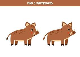 Find 3 differences between two cute cartoon boars. vector