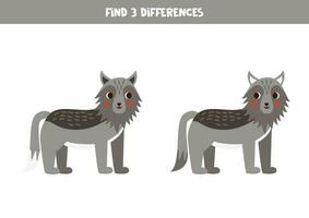 Find 3 differences between two cute cartoon wolves. vector