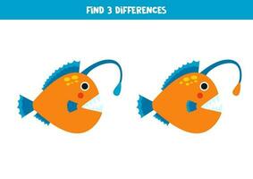 Find 3 differences between two cute angler fish. vector