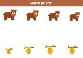 Matching game for preschool kids. Match bears and beehives by size. vector