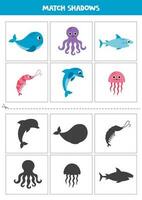 Find shadows of cute sea animals. Cards for kids. vector