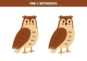 Find 3 differences between two cute cartoon owls. vector