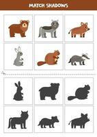 Find shadows of cute woodland animals. Cards for kids. vector