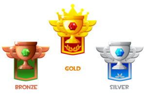 Award cup icons. Bronze, silver and golden reward with pennant. Premium award level up icon png