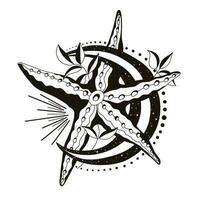 starfish tattoo. Sea star and moon. mystical illustration vector