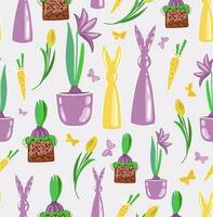 Spring cute pattern with figurines of rabbits, carrots and amaryllis. vector