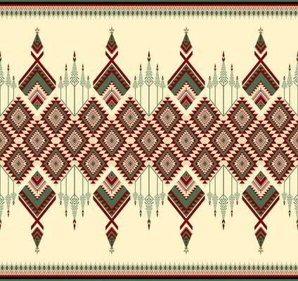 Ethnic folk geometric seamless pattern in soft red and green in vector illustration design for fabric, mat, carpet, scarf, wrapping paper, tile and more