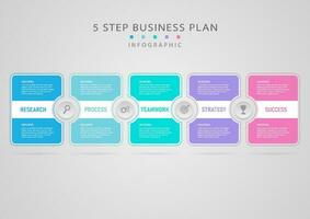 modern infographic 5 steps business plan success square and circle platel Multi color icons in center gray gradient background. Design for marketing, investment, finance, planning, product. vector