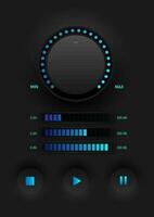 Technology abstract sound control knob circular LED level indicator with blue letters Bar graph with gradient lights The bottom keypad has an icon in the middle of a black gradient background. vector