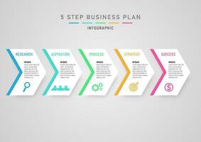 moderno infografía negocio planificación pasos a crecer blanco flecha formas y multi de colores rayas brillante hermosa letras con iconos gris degradado antecedentes vector