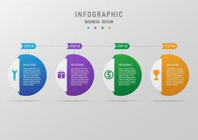 4 steps modern business infographic multicolored overlapping circles left icon right letter arrows and dotted lines on the gray background gradient numbers vector