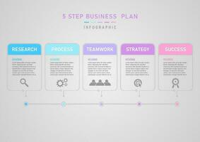 5 Step Business Planning Success Infographic Multi-colored squares and outlines with letters and icons. Arrows and bottom circles connected, gray gradient background. vector