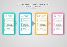 Minimal Infographics Business growth planning 4 quarter timeline multicolored by month For investment, marketing, finance, product, project gray gradient background vector