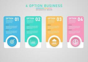 4 Options Modern Business Infographic Square and Circle Platel Multi color icons in center gray gradient background. Design for marketing, investment, finance, planning, product. vector